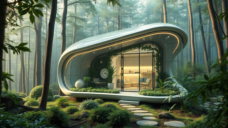 3d illustration of a modern interior design in a green forest.の写真素材