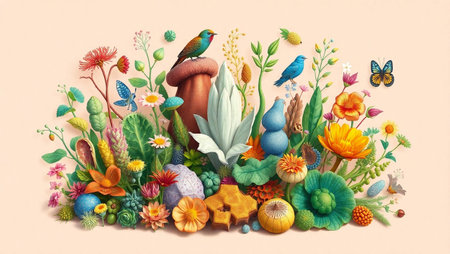 Beautiful watercolor illustration of a garden with plants and flowers.の写真素材