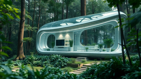 3D rendering of a futuristic office building in the green forest.の写真素材