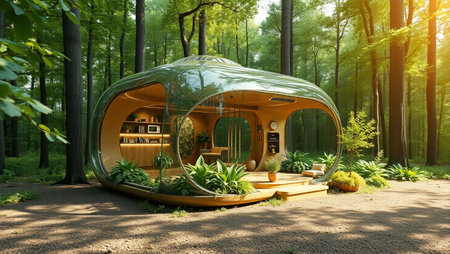 3d illustration of a modern house in the forest with a glass domeの写真素材