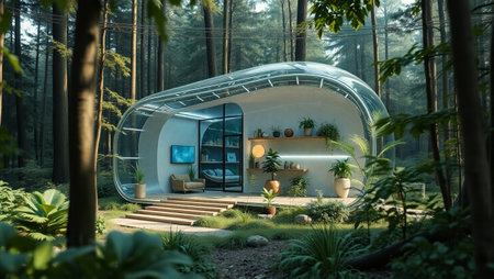3d rendering of modern green house in the forest at night.の写真素材