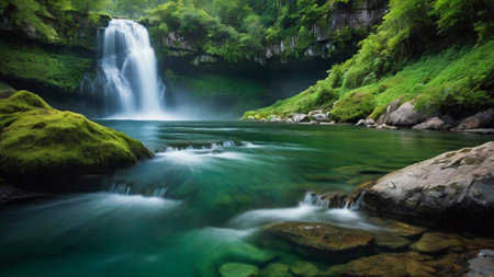 Beautiful waterfall in the green forest. Long exposure photography of nature.の写真素材