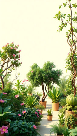 Flower garden with green plants and trees. 3d rendering.の写真素材