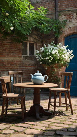 Table and chairs in the courtyard of an old house with white flowers