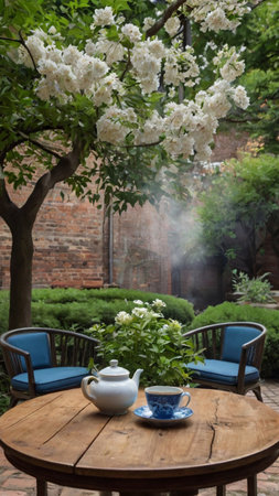 Table with teapot and teacup in a garden.