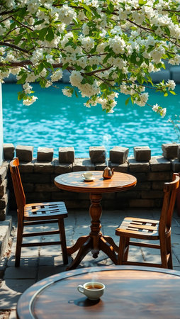 Table and chairs on the terrace of a cafe by the pool