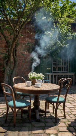 Wooden table and chairs with a cup of coffee in the garden