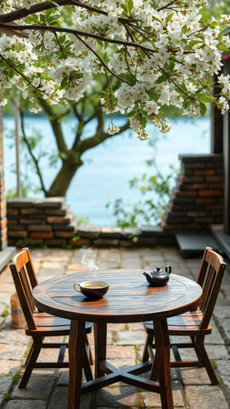 Cup of tea with cherry blossoms on the terrace.の写真素材