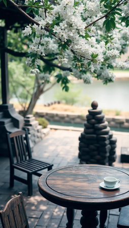 Coffee cup on wooden table in outdoor cafe, stock photoの写真素材
