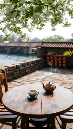 Coffee cup and teapot on wooden table in garden
