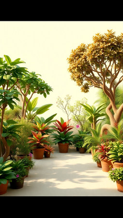 Tropical garden with many plants in pots on the floor.の写真素材