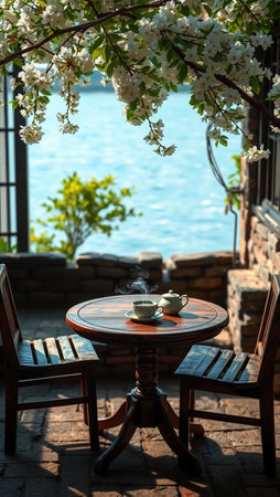 Coffee shop on the terrace with a view of the seaの写真素材
