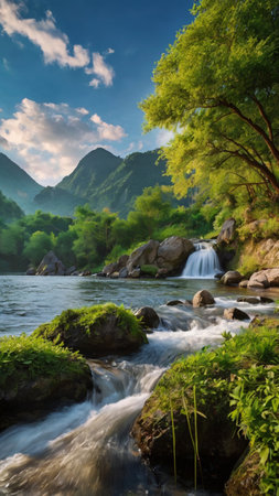 Beautiful summer landscape with a mountain river and a green forest.の写真素材