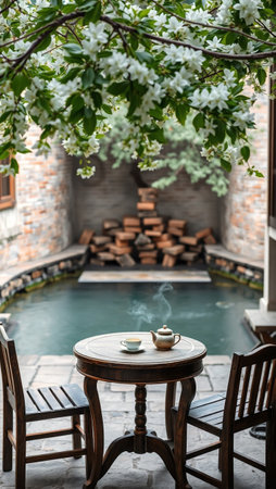 Cappuccino and tea on a table in the garden.の写真素材