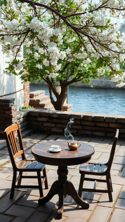 Table and chairs in cafe near blossoming tree outdoors, closeupの写真素材