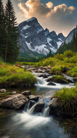 Beautiful mountain landscape with a waterfall in the foreground and high mountains in the backgroundの写真素材