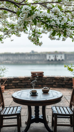 Coffee and cherry blossoms on the terrace of a restaurant