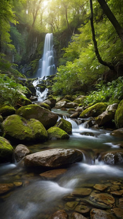 Beautiful waterfall in the forest with rocks and green leaves, long exposureの写真素材