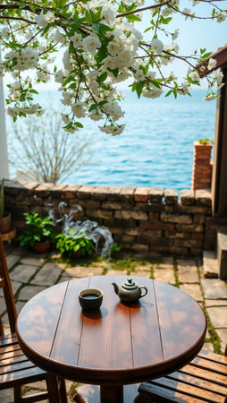 Coffee cup and teapot on table in garden near the seaの写真素材