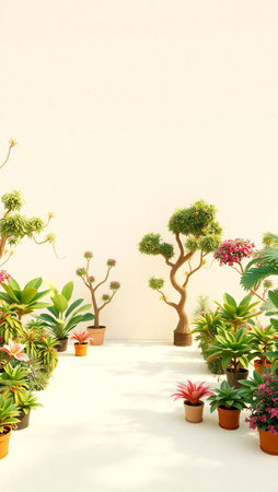 Plants in pots on the floor with white wall and copy spaceの写真素材