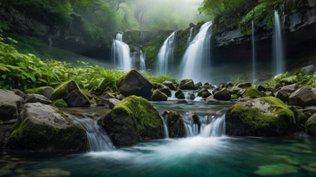 waterfall in deep forest with rocks and green foliage, long exposureの写真素材