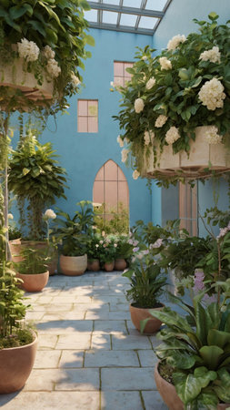 Interior of a garden with plants and flowers. Floral designの写真素材