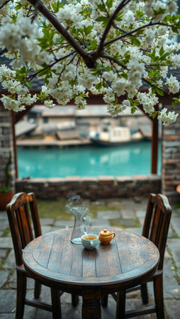 Cup of coffee and tea on a wooden table with cherry blossoms
