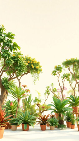 3d render of a tropical garden with lots of plants and flowersの写真素材