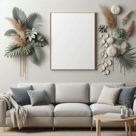 Mock up poster frame in interior background, Scandinavian style, 3d render