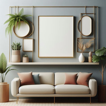 Mock up poster frame in interior background, Scandinavian style, 3D render
