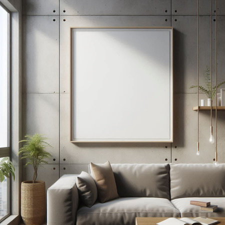 Interior of modern living room with gray walls, concrete floor, gray sofa and wooden mock up poster...