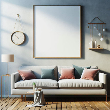 Interior of modern living room with white sofa, mock up poster, 3D renderの写真素材