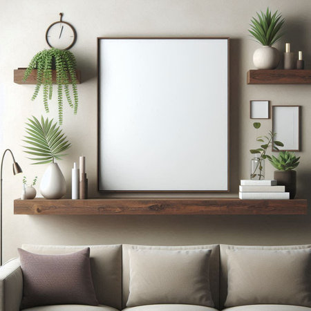 Mock up poster frame in living room interior background, 3d render