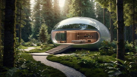 3d rendering of a modern house inside a glass sphere in the forestの写真素材
