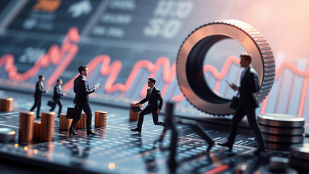 Businessman team standing on the stock market chart.の写真素材