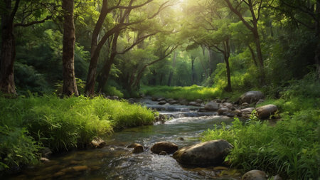 Beautiful green forest and mountain river in the morning. Nature backgroundの写真素材