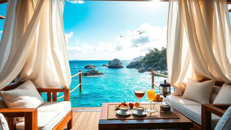 Breakfast on the terrace of a private villa with sea viewの写真素材