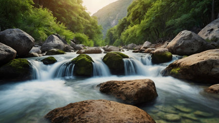 Long exposure of waterfall flowing over rocks with green forest in background.の写真素材
