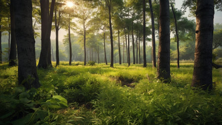 Morning in the pine forest. Panoramic view of the forest.の写真素材