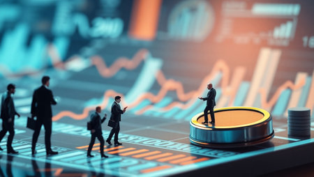 Miniature business people standing on coin with stock market chart and graph background.の写真素材