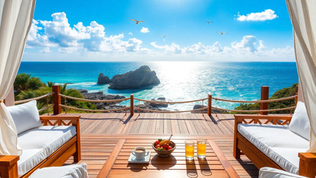 Luxury hotel balcony overlooking the sea on a sunny day.の写真素材