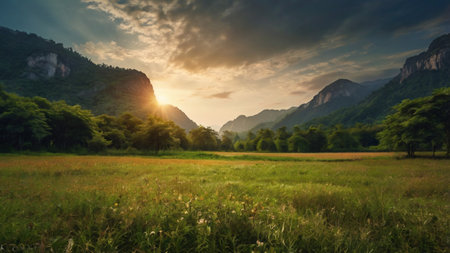 Green meadow and mountain landscape at sunset,panoramic viewの写真素材