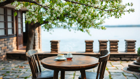 Coffee cup on wooden table in outdoor cafe near the lakeの写真素材
