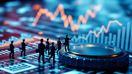 Business people standing on a computer circuit board with financial charts and graphs.の写真素材
