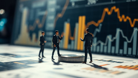 Miniature people, businessman standing on coins with stock market chart background.の写真素材