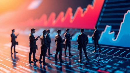 Businessmen standing in front of stock chart. Business and finance concept.の写真素材