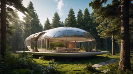 3d rendering of a futuristic house in the forest with a glass roofの写真素材