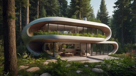3d render of a modern house in the forest with green plants