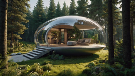 3d rendering of a modern house in the forest with a glass sphereの写真素材