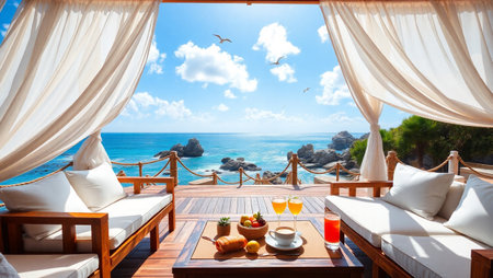 Luxury hotel terrace on the beach with a view on the seaの写真素材